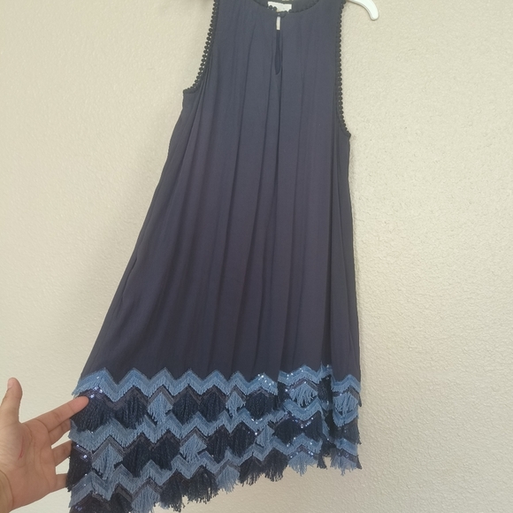 anthropology Maeve Navy Blue Sequin Fringe Fringe Sleeveless Short Dress Sz‎ 2 - Picture 11 of 16